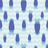 Seamless pattern with flock of cute cartoon squids.