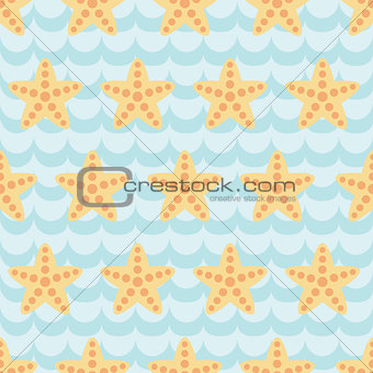 Seamless pattern with cute cartoon starfishes on blue wave background.