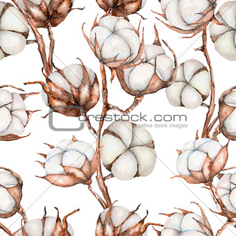Seamless pattern of watercolor cotton flowers branches