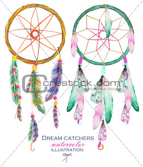 Illustration with dreamcatchers, hand drawn in watercolor on a white background
