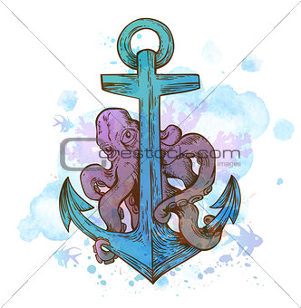 Vintage hand drawn anchor and octopus