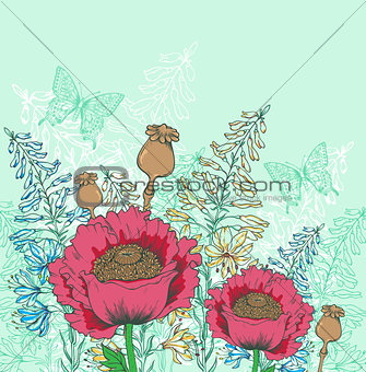 Red poppy flowers and butterflies 