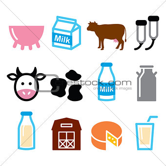 Milk, cheese production, cow vector icons set
