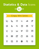 Vector line statistics data analysis and representation tiny icon set. Minimalistic crisp contour icons for the best recognition in small size use