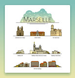 Vector line art Marseille, France, travel landmarks and architecture icon set. The most popular tourist destinations, streets, cathedrals, buildings, symbols of the city