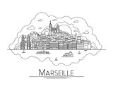 Vector line art Marseille, France, travel landmarks and architecture icon. The most popular tourist destinations, city streets, cathedrals, buildings, symbols in one illustration