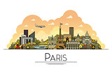 Vector line art Paris, France, travel landmarks and architecture icon. The most popular tourist destinations, city streets, cathedrals, buildings, symbols in one illustration