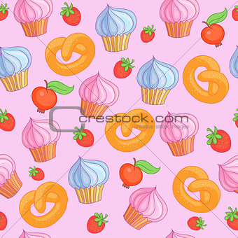 Sweet pattern cakes on pink background. Seamless.
