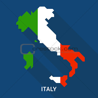 Italy flag,map flat icon with long shadow