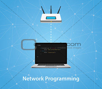 network programming concept with laptop and router with program code vector graphic