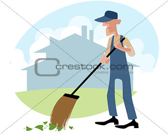 Janitor sweeping the yard