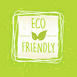 eco friendly with leaf sign in frame over green old paper backgr