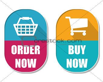order now and buy now with shopping basket and cart signs, two e