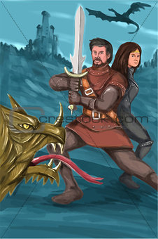 Cavalier and Princess Fighting Dragon Watercolor