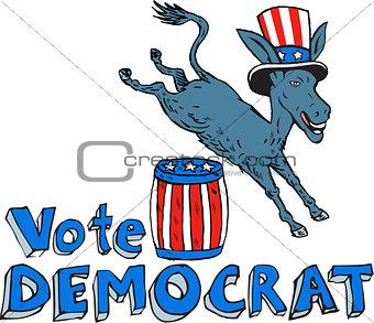 Vote Democrat Donkey Mascot Jumping Over Barrel Cartoon