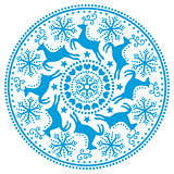 Christmas, winter round blue pattern with reindeer - folk art style