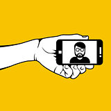 Hand with smartphone and selfie photo of man