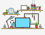 Illustration of modern workplace. Creative office workspace with map. Flat minimalistic style design