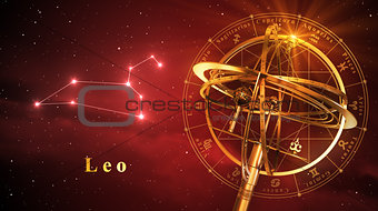 Armillary Sphere And Constellation Leo Over Red Background