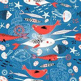 Seamless pattern with seals and whales
