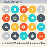 Tourism icon set. Multicolored flat buttons