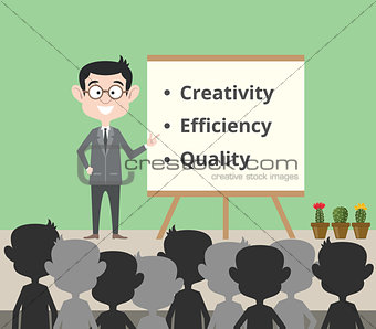 creativity efficiency and quality businessman present on big paper presentation vector graphic