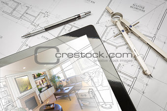 Computer Tablet Showing Room Illustration On House Plans, Pencil
