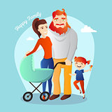 Vector family illustration. Happy parents with daughter and newborn in the cradle.