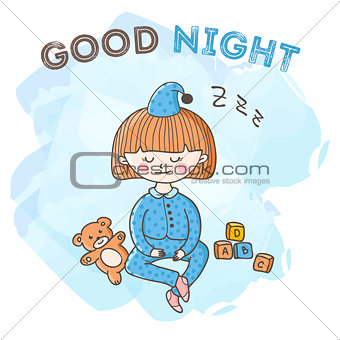 Vector sleeping girl with toys poster. Little kid good night card.