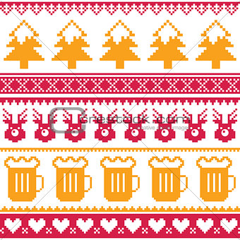 Christmas seamless pattern with beer, reindeer and trees - red and orange isolated on white
