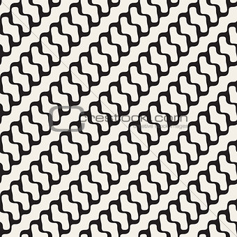 Vector Seamless Black and White Diagonal Rounded Wavy Lines Pattern