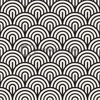 Vector Seamless Black and White Rounded Arc Concentric Circles Pattern