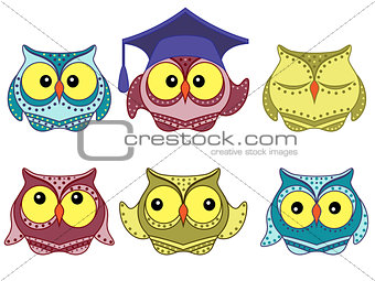 Six amusing colorful owls