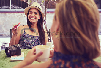 Happy Woman Smoking Electronic Cigarette Drinking Coffee In Bar