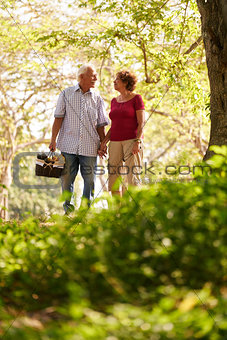 Senior Man Woman Old Couple Walking With Picnic Basket