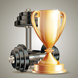 Gold cup with metal realistic dumbbells.