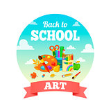 School supplies and greeting text. Art lessons.