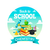 School supplies and greeting text. Chemistry lessons.