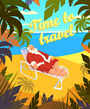 Tropical beach, sun, summer, santa claus, holiday, time to travel. Vector illustration