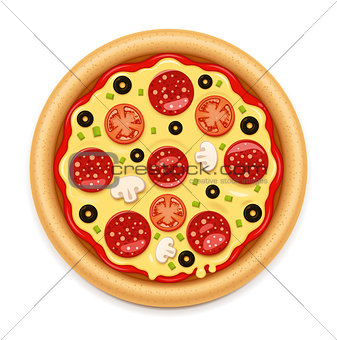 Vector detailed hot pizza with sticky cheese and salami icon