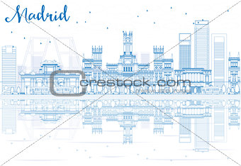 Outline Madrid Skyline with blue buildings reflections. 