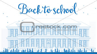 Outline Landscape with school bus, school building and people. 