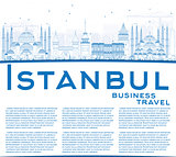 Outline Istanbul Skyline with Blue Landmarks and Copy Space. 