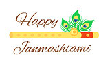 Happy Janmashtami card with Krishna flute isolated on white background.