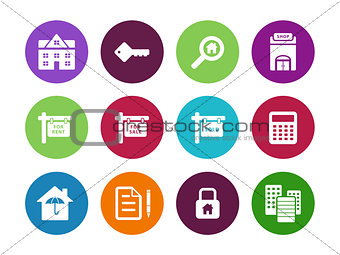 Real Estate circle icons on white background.