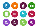 Pills, medication circle icons on white background.