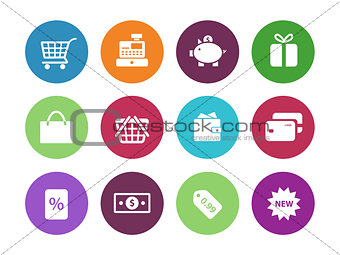 Shopping circle icons on white background.