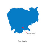 Detailed vector map of Cambodia and capital city Phnom Penh