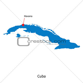 Detailed vector map of Cuba and capital city Havana