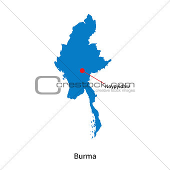 Detailed vector map of Burma and capital city Naypyidaw